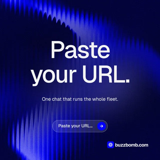 Instagram post for BuzzBomb: "Paste your URL." Agentic glass style, centred layout, dark palette in black, blue.