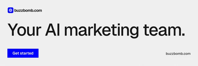 X header for BuzzBomb: "Your AI marketing team." Swiss style, poster layout, light palette in white, grey.