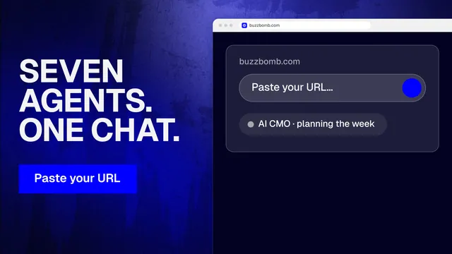 Landscape graphic for BuzzBomb: "Seven agents. One chat." Swiss style, browser layout, dark palette in black, blue.