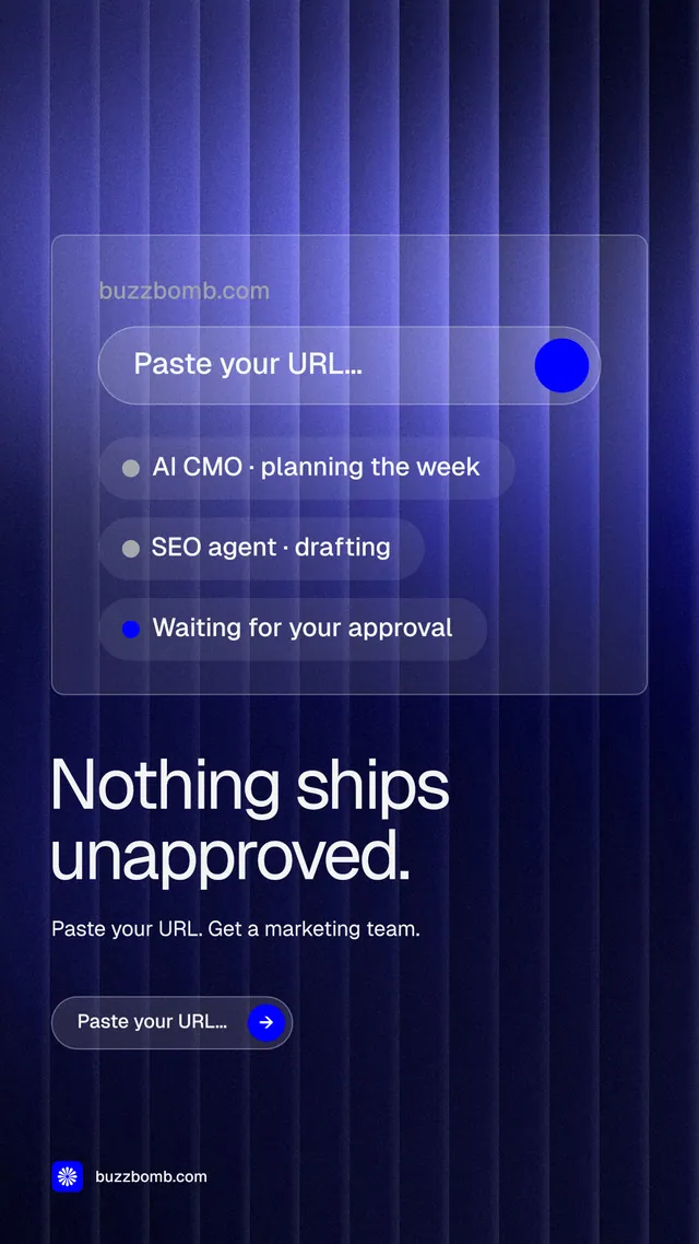 Instagram story for BuzzBomb: "Nothing ships unapproved." Agentic glass style, bottom layout, dark palette in blue, black.