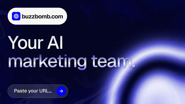 Landscape graphic for BuzzBomb: "Your AI marketing team." Agentic glass style, announce layout, dark palette in blue, black.
