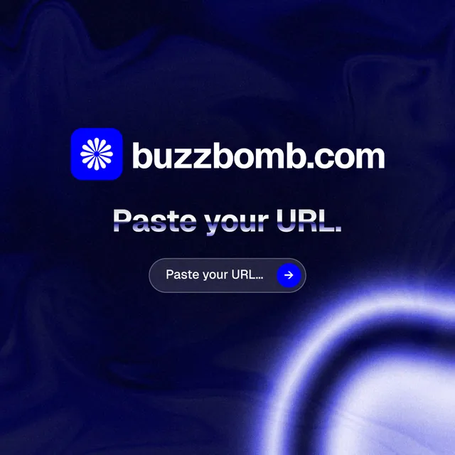 Instagram post for BuzzBomb: "Paste your URL." Agentic glass style, logo hero layout, dark palette in blue, black.