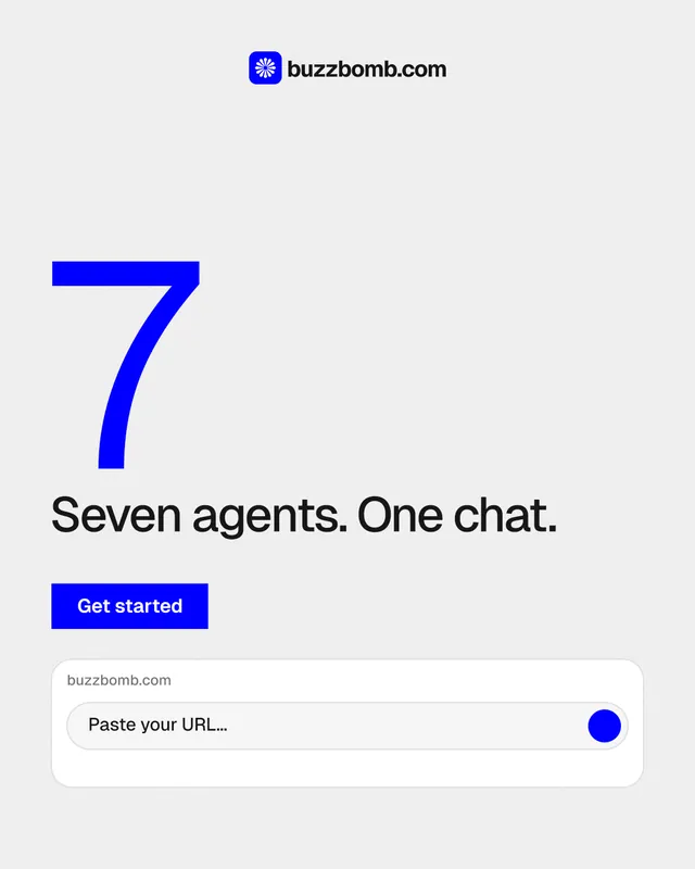 Instagram portrait post for BuzzBomb: "Your AI marketing team." Swiss style, stat layout, light palette in white, blue.