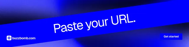 LinkedIn banner for BuzzBomb: "Paste your URL." Swiss style, diagonal layout, dark palette in blue.