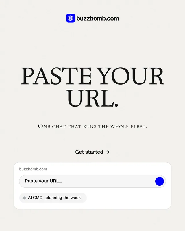 Instagram portrait post for BuzzBomb: "Paste your URL." Swiss style, smallcaps layout, light palette in white.