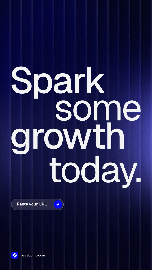 Instagram story for BuzzBomb: "Spark some growth today." Agentic glass style, stacked layout, dark palette in black, blue, grey.