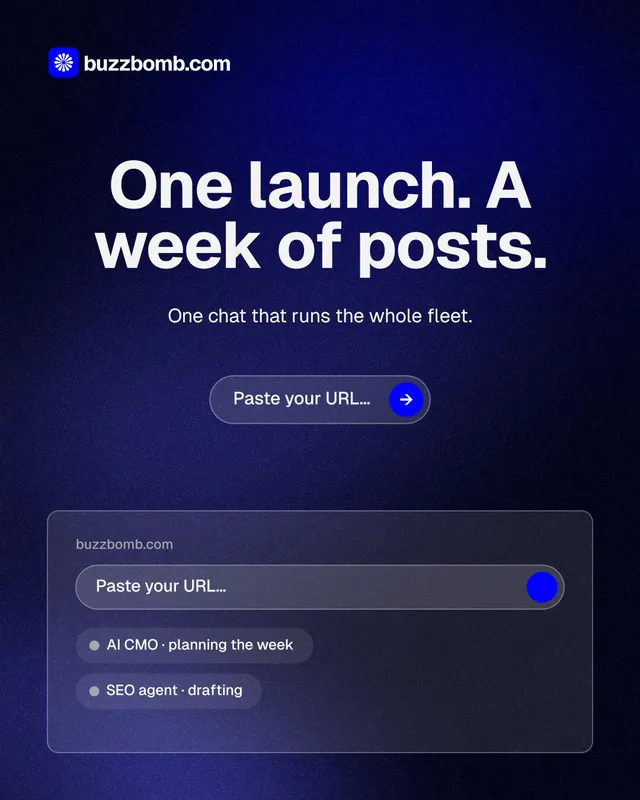 Instagram portrait post for BuzzBomb: "One launch. A week of posts." Agentic glass style, centred layout, dark palette in blue, black, grey.