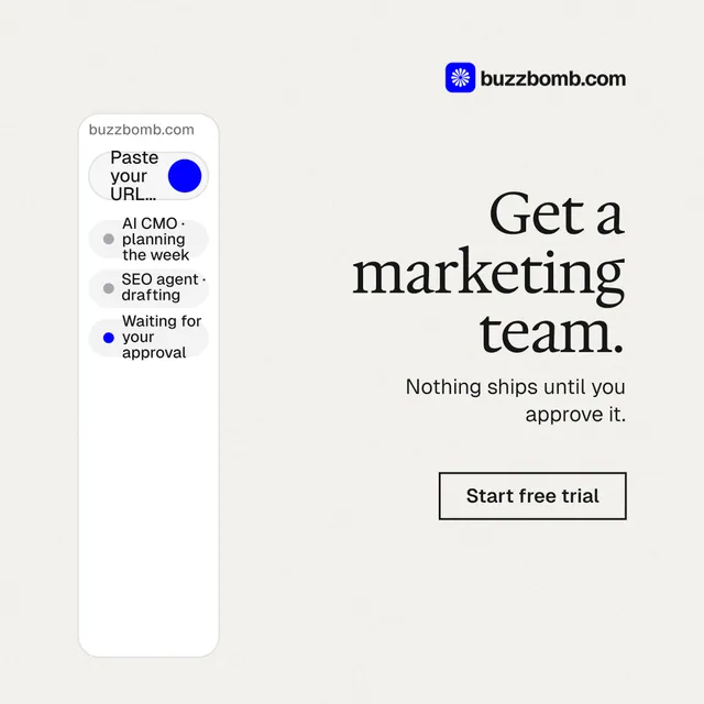 Instagram post for BuzzBomb: "Get a marketing team." Editorial style, right layout, light palette in white.