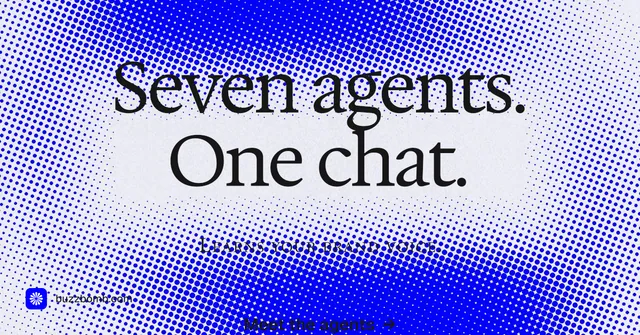 Social ad for BuzzBomb: "Seven agents. One chat." Swiss style, smallcaps layout, light palette in blue, white.