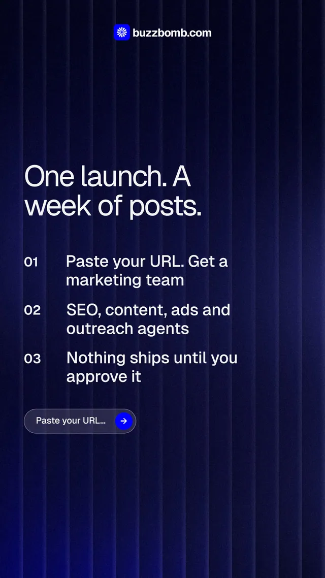 Instagram story for BuzzBomb: "One launch. A week of posts." Agentic glass style, numbered layout, dark palette in black, blue.
