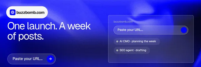 X header for BuzzBomb: "One launch. A week of posts." Agentic glass style, bottom layout, dark palette in blue.