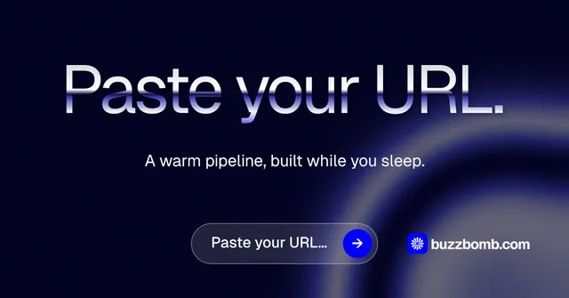 Social ad for BuzzBomb: "Paste your URL." Agentic glass style, centred layout, dark palette in black, blue.