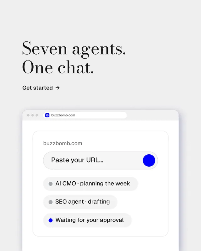 Instagram portrait post for BuzzBomb: "Seven agents. One chat." Minimal luxury style, browser layout, light palette in white.