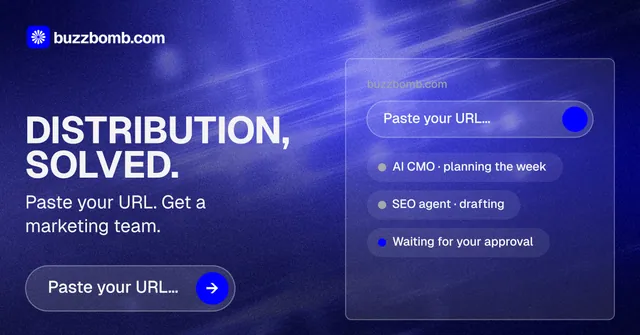 Social ad for BuzzBomb: "Distribution, solved." Agentic glass style, bottom layout, dark palette in blue.