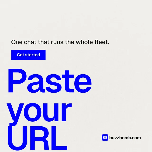 Instagram post for BuzzBomb: "Your AI marketing team." Swiss style, oversized layout, light palette in white, blue.