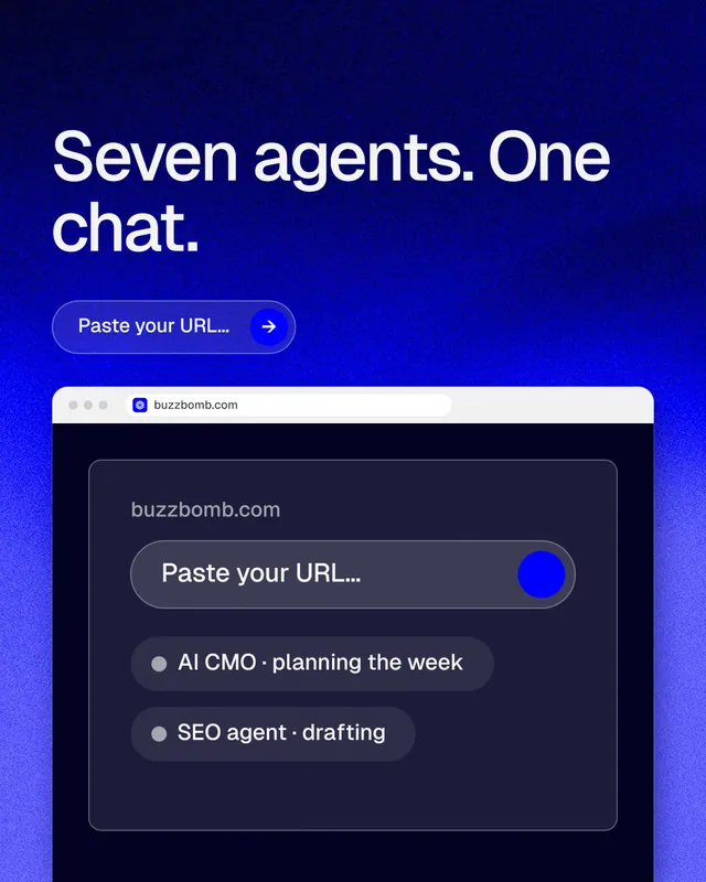 Instagram portrait post for BuzzBomb: "Seven agents. One chat." Agentic glass style, browser layout, dark palette in black, blue.