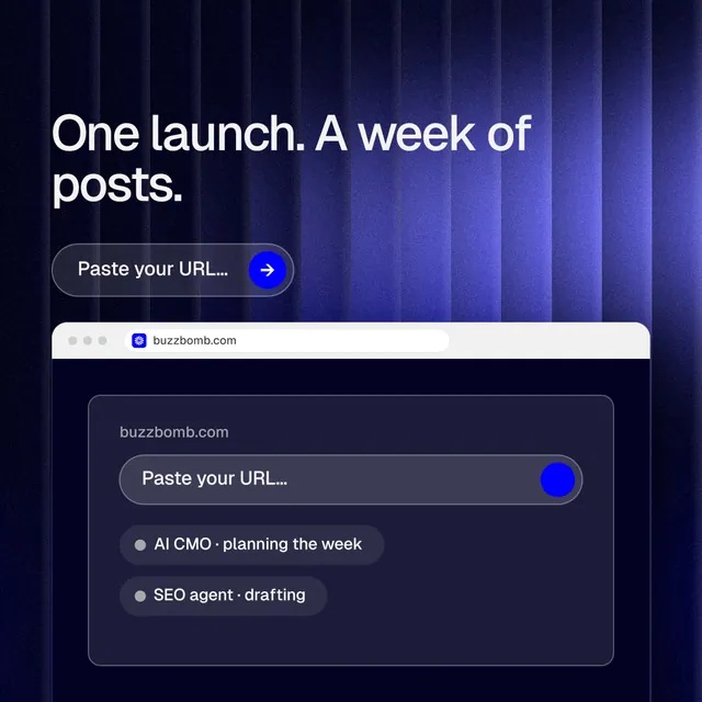 Instagram post for BuzzBomb: "One launch. A week of posts." Agentic glass style, browser layout, dark palette in blue, black.