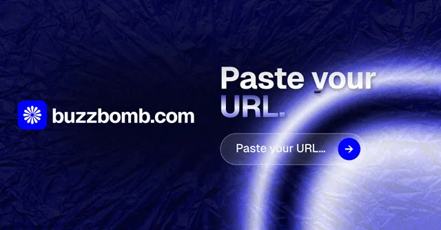 Social ad for BuzzBomb: "Paste your URL." Agentic glass style, logo hero layout, dark palette in blue, black.