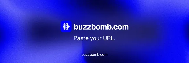 X header for BuzzBomb: "Paste your URL." Swiss style, end card layout, dark palette in blue.