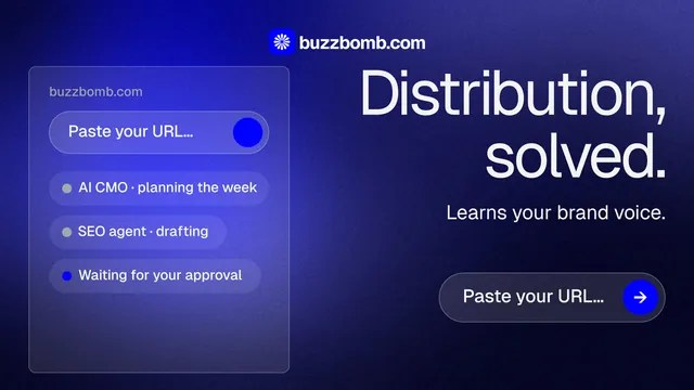 Landscape graphic for BuzzBomb: "Distribution, solved." Agentic glass style, right layout, dark palette in blue.