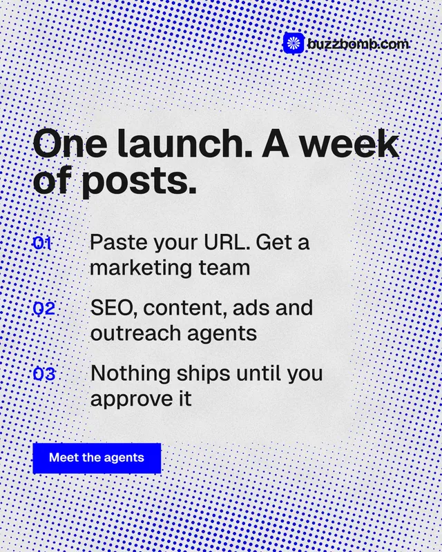 Instagram portrait post for BuzzBomb: "One launch. A week of posts." Swiss style, numbered layout, light palette in blue, white.