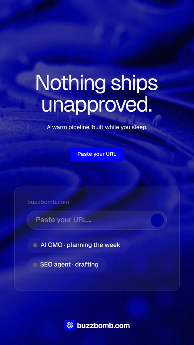 Instagram story for BuzzBomb: "Nothing ships unapproved." Swiss style, centred layout, dark palette in blue.