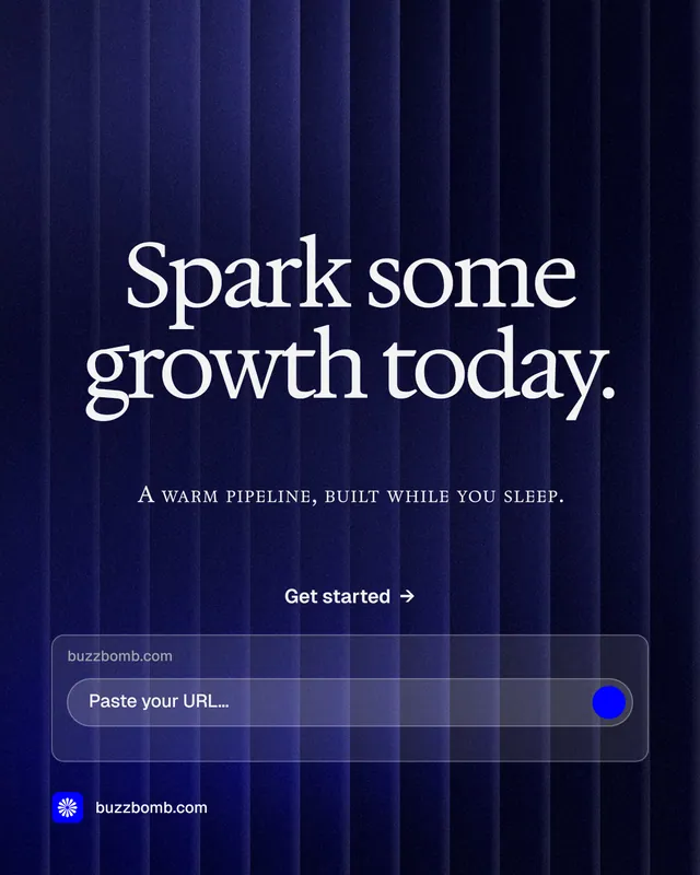 Instagram portrait post for BuzzBomb: "Spark some growth today." Agentic glass style, smallcaps layout, dark palette in black, blue, grey.
