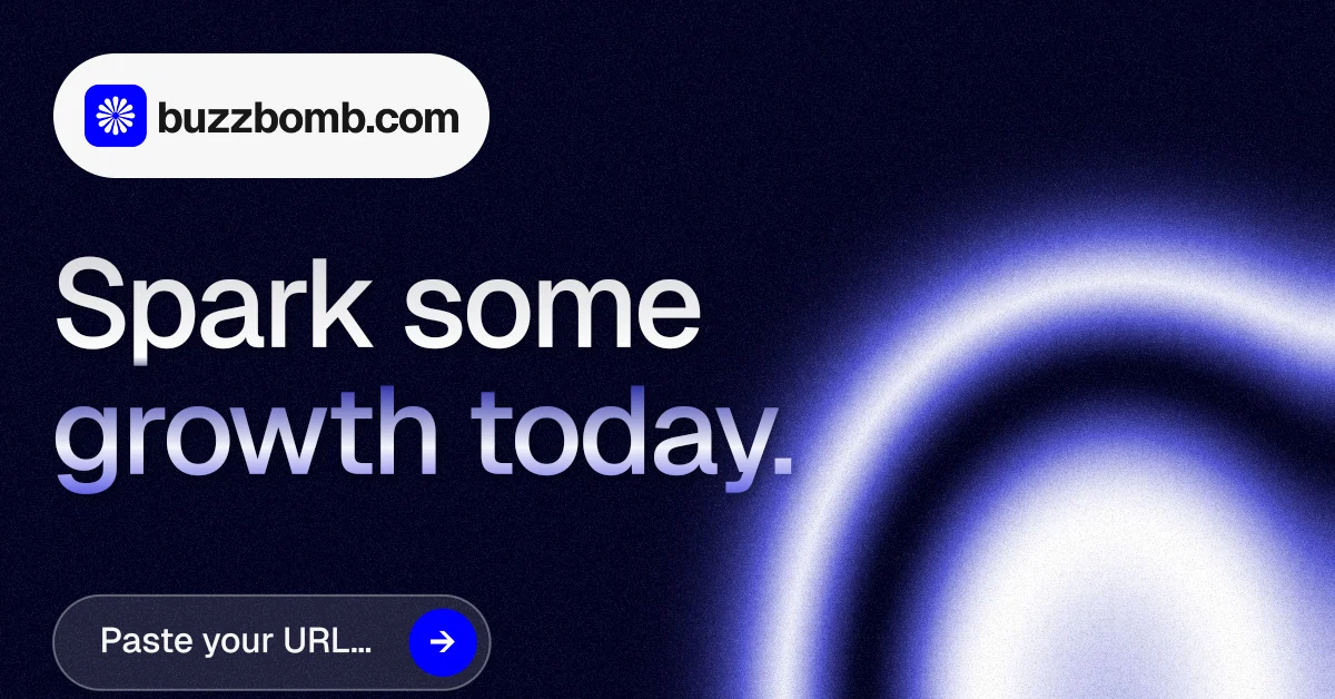 Social ad for BuzzBomb: "Spark some growth today." Agentic glass style, announce layout, dark palette in black, blue.