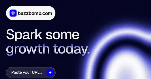 Social ad for BuzzBomb: "Spark some growth today." Agentic glass style, announce layout, dark palette in black, blue.