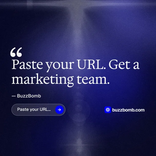 Instagram post for BuzzBomb: "Paste your URL." Agentic glass style, quote layout, dark palette in black, blue, grey.