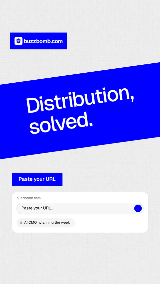 Instagram story for BuzzBomb: "Distribution, solved." Swiss style, diagonal layout, light palette in white, blue.