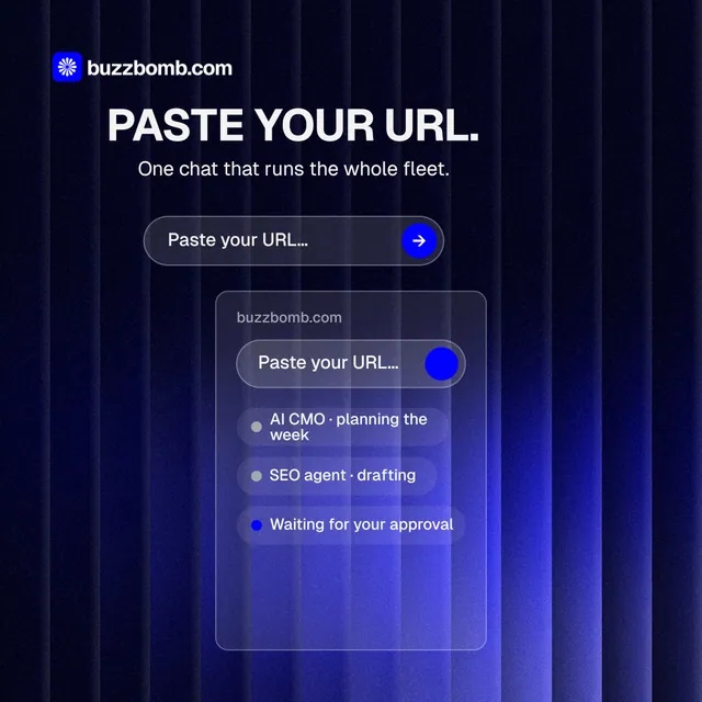 Instagram post for BuzzBomb: "Paste your URL." Agentic glass style, skeleton layout, dark palette in black, blue.