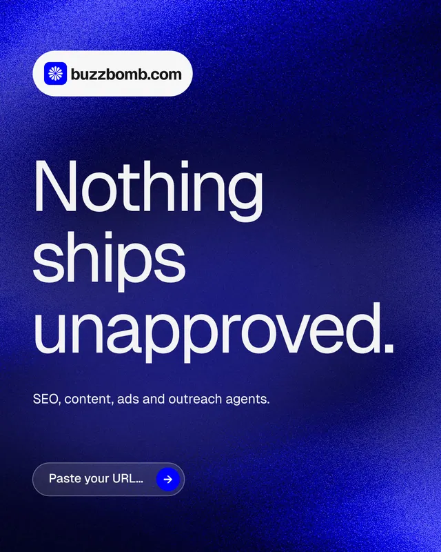Instagram portrait post for BuzzBomb: "Nothing ships unapproved." Agentic glass style, announce layout, dark palette in blue.