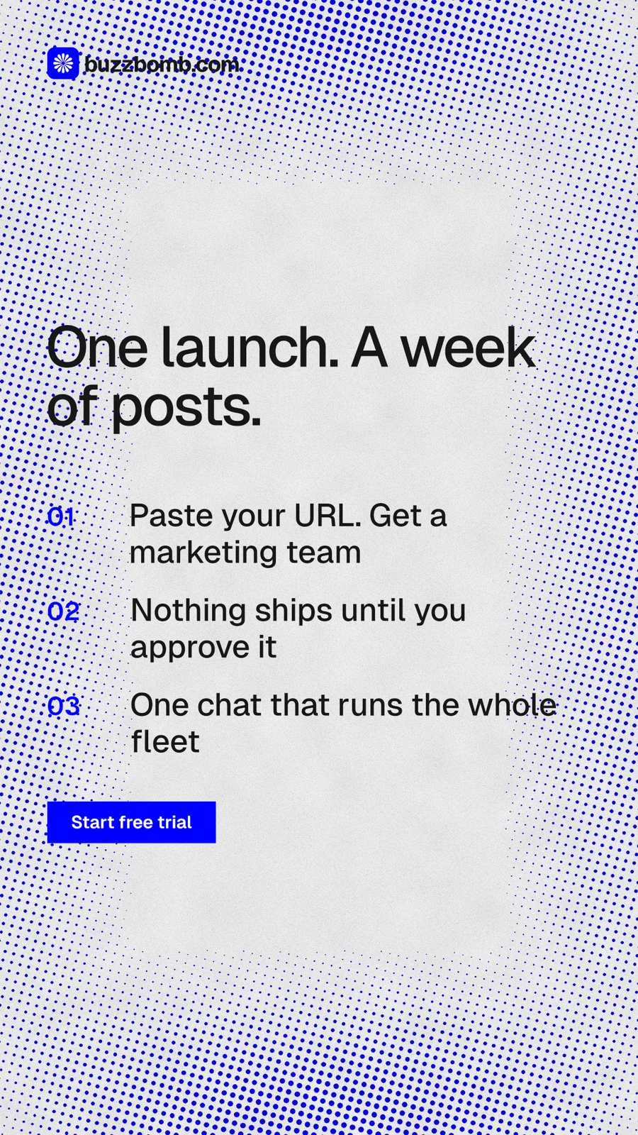 Instagram story for BuzzBomb: "One launch. A week of posts." Swiss style, numbered layout, light palette in blue, white.