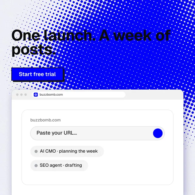 Instagram post for BuzzBomb: "One launch. A week of posts." Brutalist style, browser layout, light palette in blue, white.