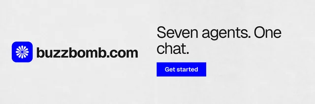 X header for BuzzBomb: "Seven agents. One chat." Swiss style, logo hero layout, light palette in white, blue.