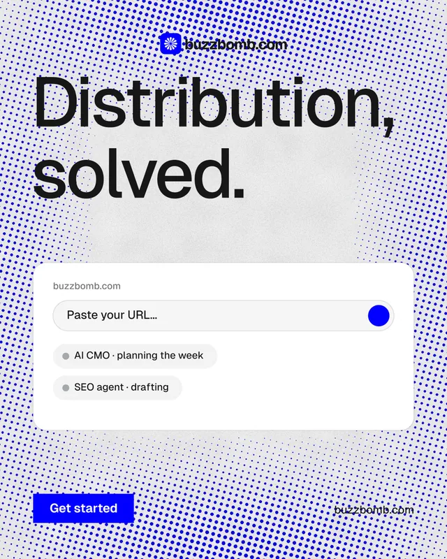 Instagram portrait post for BuzzBomb: "Distribution, solved." Swiss style, poster layout, light palette in white, blue.