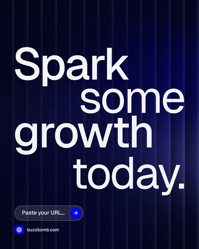 Instagram portrait post for BuzzBomb: "Spark some growth today." Agentic glass style, stacked layout, dark palette in black, blue, grey.