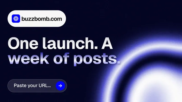 Landscape graphic for BuzzBomb: "One launch. A week of posts." Agentic glass style, announce layout, dark palette in black, blue.