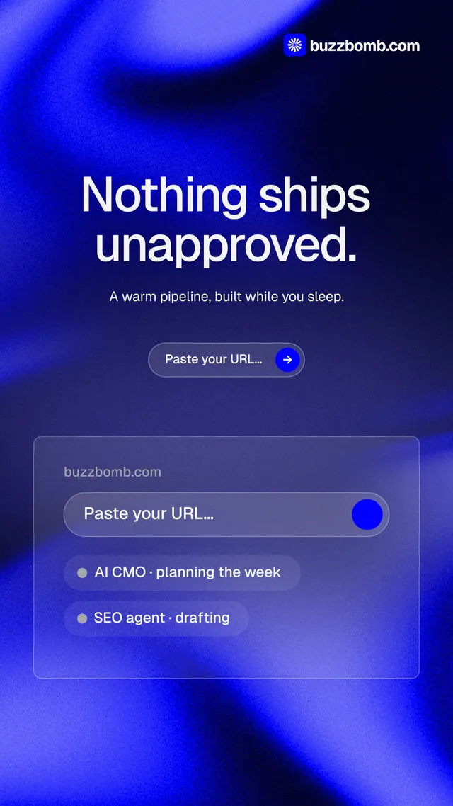 Instagram story for BuzzBomb: "Nothing ships unapproved." Agentic glass style, centred layout, dark palette in blue.
