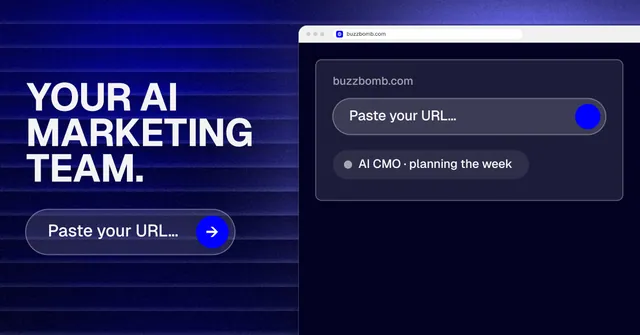 Social ad for BuzzBomb: "Your AI marketing team." Agentic glass style, browser layout, dark palette in black, blue.