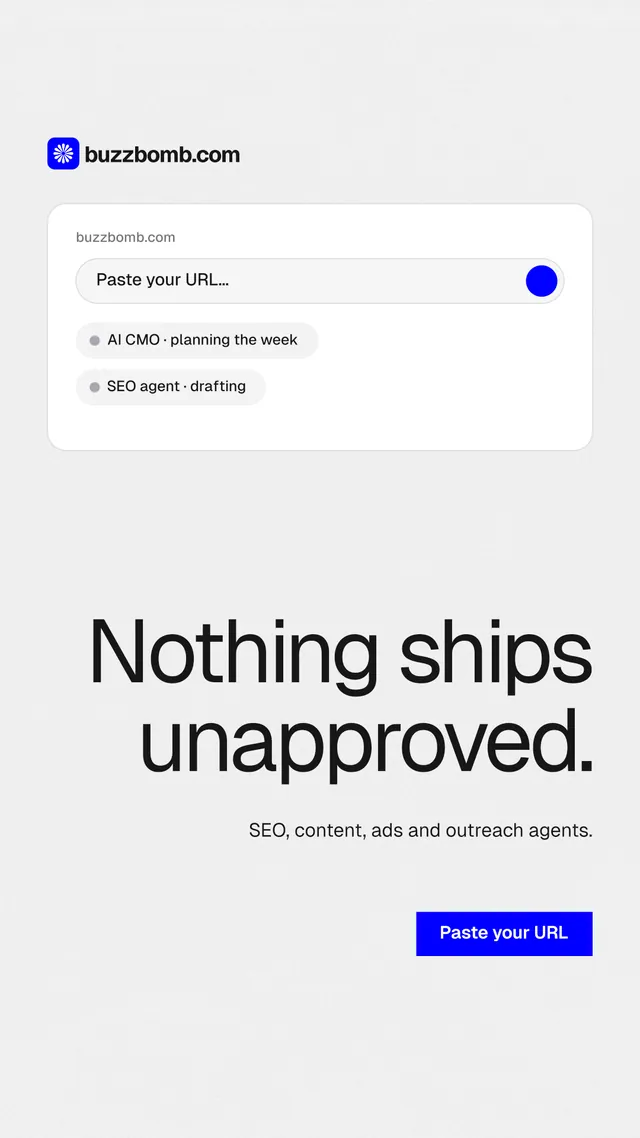 Instagram story for BuzzBomb: "Nothing ships unapproved." Swiss style, right layout, light palette in white, grey.