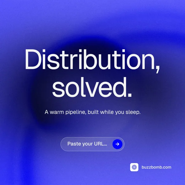 Instagram post for BuzzBomb: "Distribution, solved." Agentic glass style, centred layout, dark palette in blue.