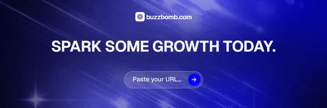 X header for BuzzBomb: "Spark some growth today." Agentic glass style, centred layout, dark palette in blue.