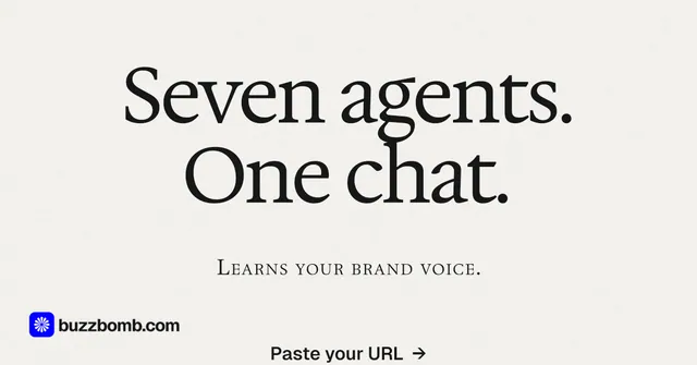 Social ad for BuzzBomb: "Seven agents. One chat." Swiss style, smallcaps layout, light palette in white.