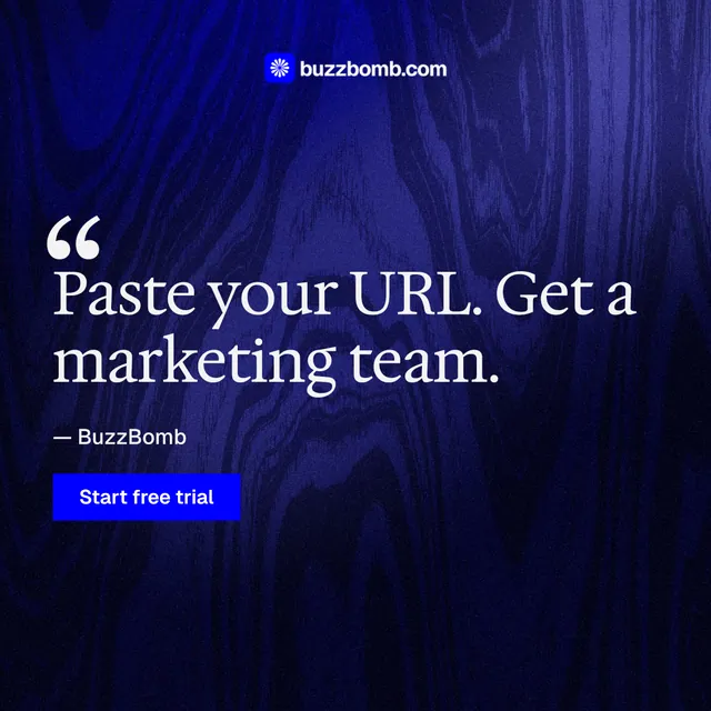 Instagram post for BuzzBomb: "Get a marketing team." Swiss style, quote layout, dark palette in black, blue.