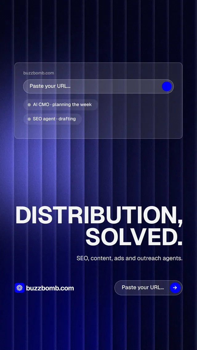 Instagram story for BuzzBomb: "Distribution, solved." Agentic glass style, right layout, dark palette in black, blue.