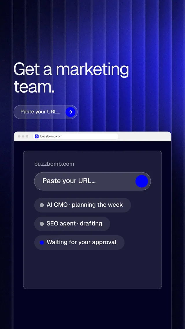 Instagram story for BuzzBomb: "Get a marketing team." Agentic glass style, browser layout, dark palette in black, blue, grey.