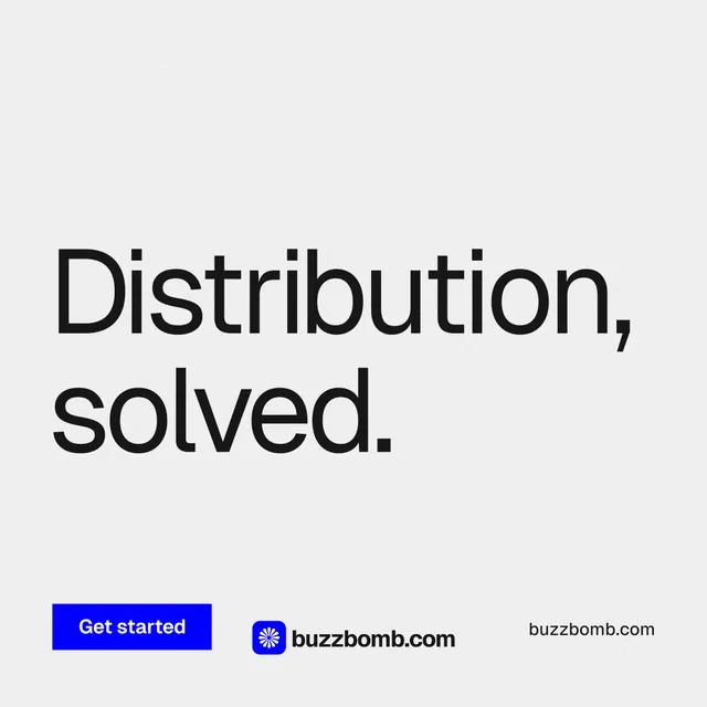 Instagram post for BuzzBomb: "Distribution, solved." Swiss style, poster layout, light palette in white, grey.