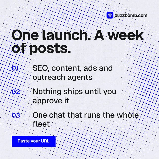 Instagram post for BuzzBomb: "One launch. A week of posts." Swiss style, numbered layout, light palette in blue, white.